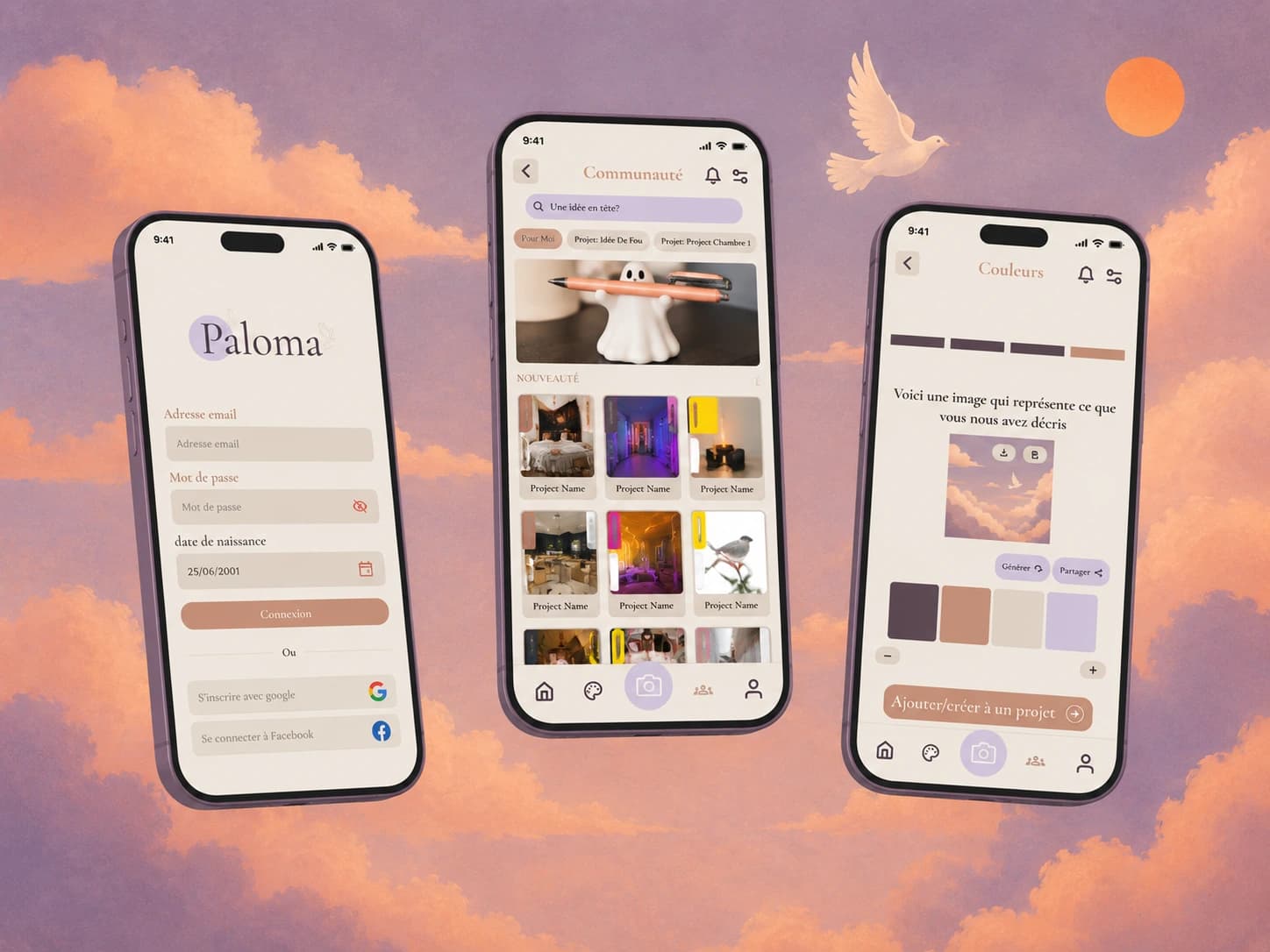 Paloma — sign-in, community and colour palette