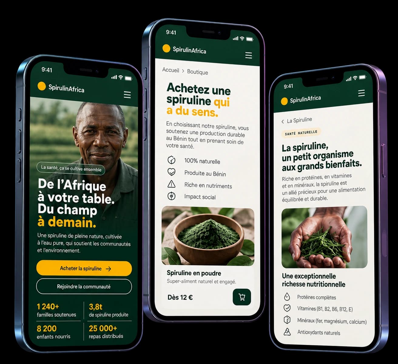 SpirulinAfrica — home, shop and spirulina page on mobile